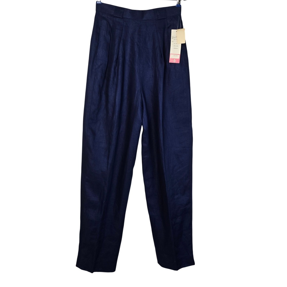 VTG Integral Sanyo Japan Blue 100% Linen Pleated Trousers Pants Deadstock NWT XS